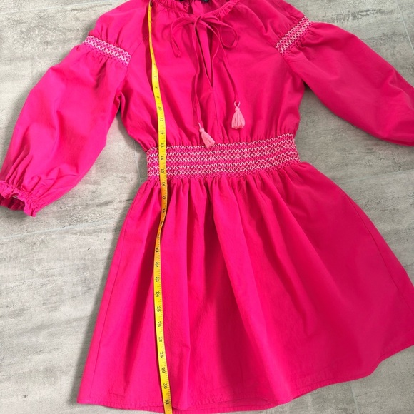 Zara Fuchsia Smocked Poplin Dress Contrast Embroidered Trim Pink Barbie Size XS - Picture 10 of 15